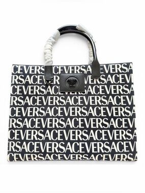 Versace La Medusa Logo Canvas Leather Large Tote Bag Black White NWT